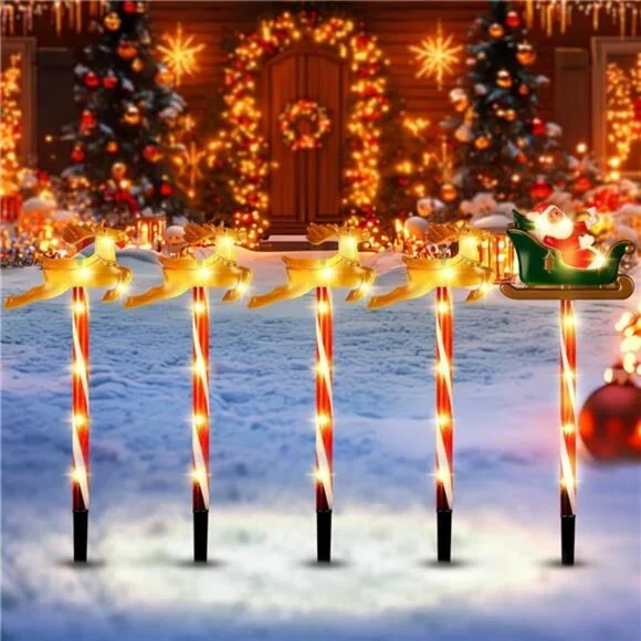 Solar Christmas Pathway Lights Decor, Set of 5 Packs Santa Claus and Reindeer - Picture 2 of 8